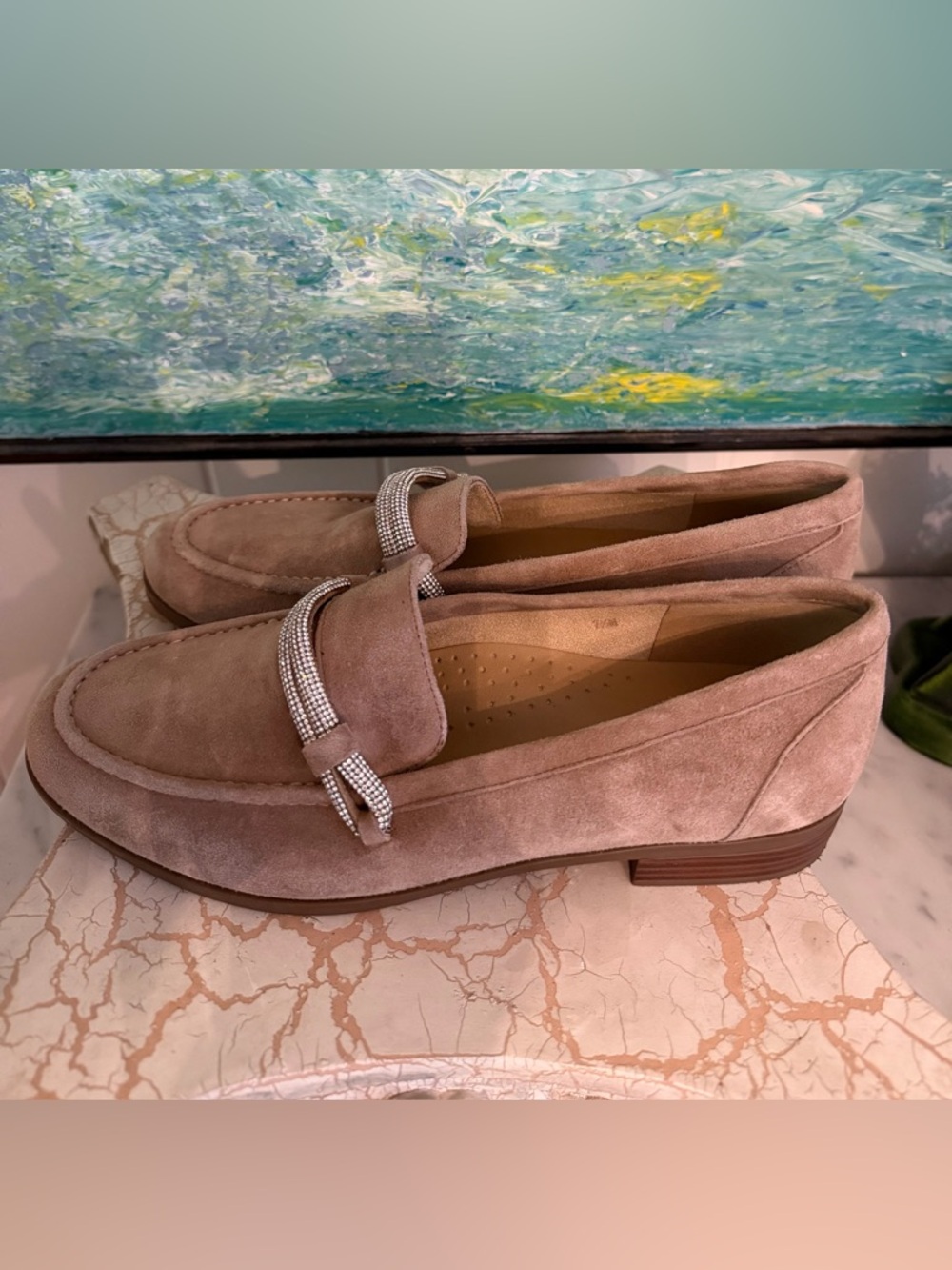 Van Eli Karida Suede Light Beige Taupe Loafers with Rhinestone Accent